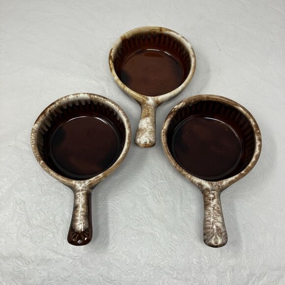 VTG McCoy 874 Brown Pottery Drip Glaze Soup Chili Bowl w/ Handle Set of 3 - Picture 1 of 15